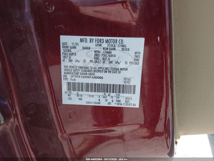 2006 Ford F-150 Lariat/Xl/Xlt VIN: 1FTPX12556FA50066 Lot: 44852564