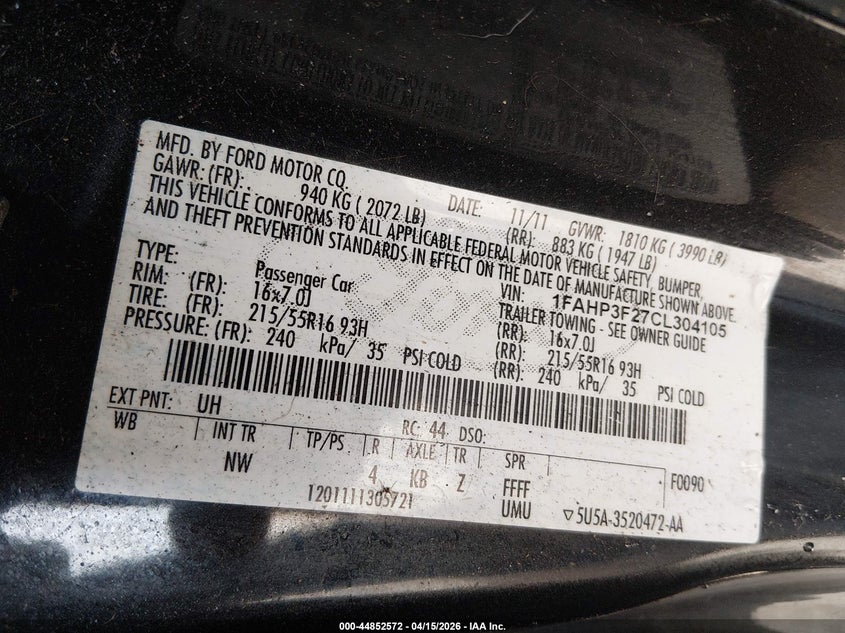 2012 Ford Focus Se VIN: 1FAHP3F27CL304105 Lot: 44852572