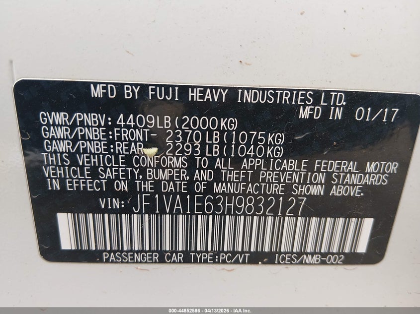 2017 Subaru Wrx Premium VIN: JF1VA1E63H9832127 Lot: 44852586