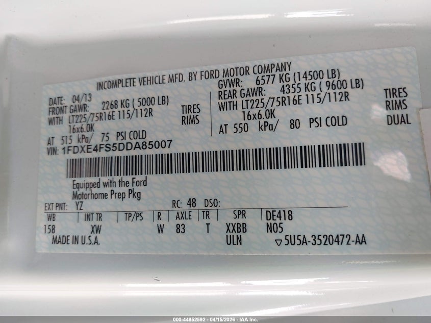 2013 Ford E-450 Cutaway VIN: 1FDXE4FS5DDA85007 Lot: 44852592