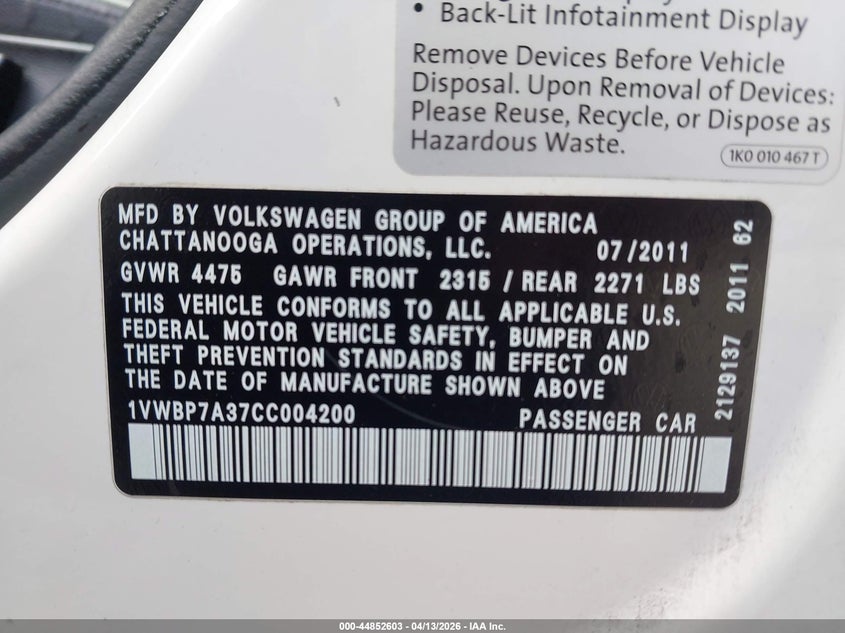2012 Volkswagen Passat 2.5L Se VIN: 1VWBP7A37CC004200 Lot: 44852603