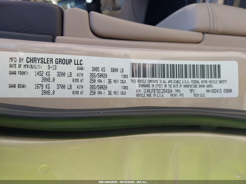 2014 Jeep Grand Cherokee Limited VIN: 1C4RJFBT5EC254324 Lot: 44852625