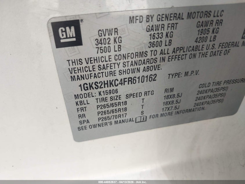 2015 Gmc Yukon 5.3 Xl 1500 Slt white Lot 111044852637 Vin 1GKS2HKC4FR610162