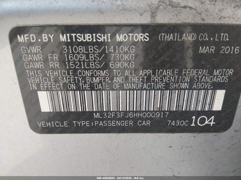 2017 Mitsubishi Mirage G4 Es VIN: ML32F3FJ6HH000917 Lot: 44852653