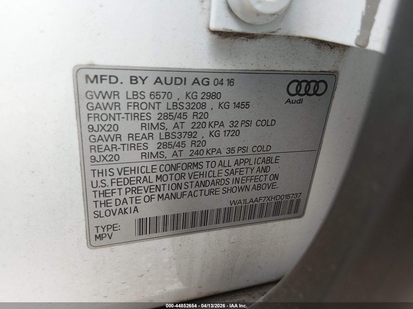 2017 Audi Q7 3.0T Premium VIN: WA1LAAF7XHD015737 Lot: 44852654