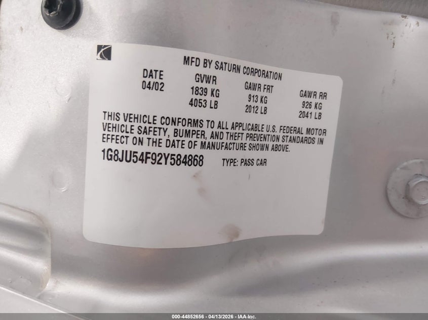 2002 Saturn L-Series L200 VIN: 1G8JU54F92Y584868 Lot: 44852656