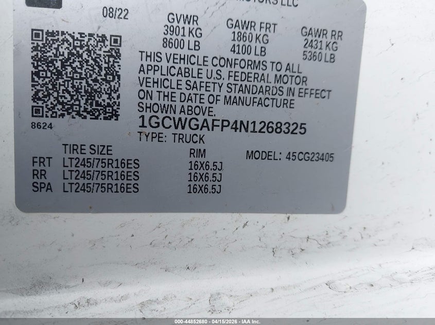 2022 Chevrolet Express Cargo Rwd 2500 Regular Wheelbase Wt VIN: 1GCWGAFP4NL268325 Lot: 44852680