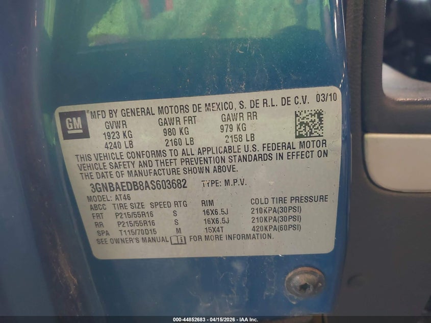 2010 Chevrolet Hhr Ls VIN: 3GNBAEDB8AS603682 Lot: 44852683