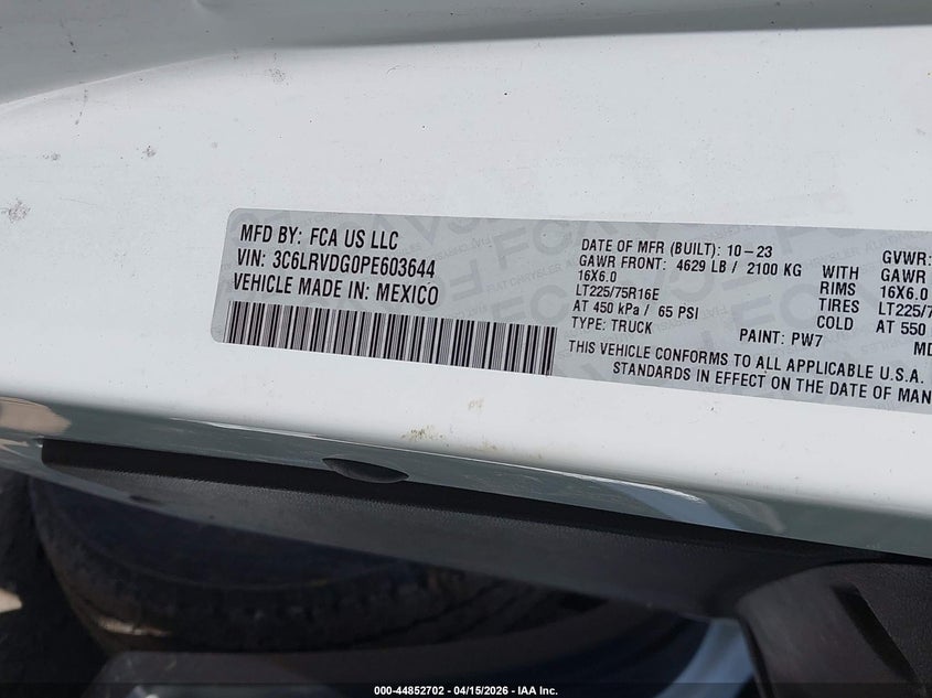 2023 Ram Promaster 2500 High Roof 159 Wb VIN: 3C6LRVDG0PE603644 Lot: 44852702