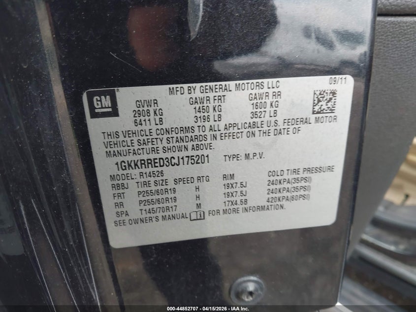 2012 GMC Acadia Slt-1 VIN: 1GKKRRED3CJ175201 Lot: 44852707