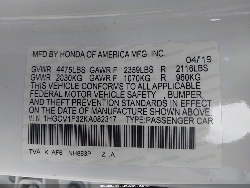 2019 Honda Accord Sport VIN: 1HGCV1F32KA082317 Lot: 44852709