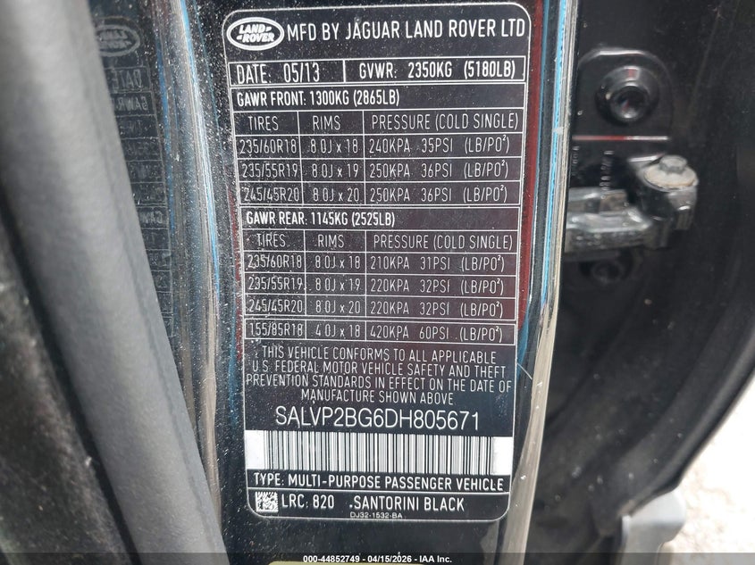 2013 Land Rover Range Rover Evoque Pure VIN: SALVP2BG6DH805671 Lot: 44852749