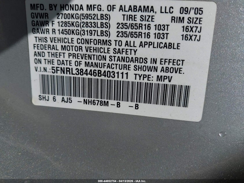 2006 Honda Odyssey Ex VIN: 5FNRL38446B403111 Lot: 44852754