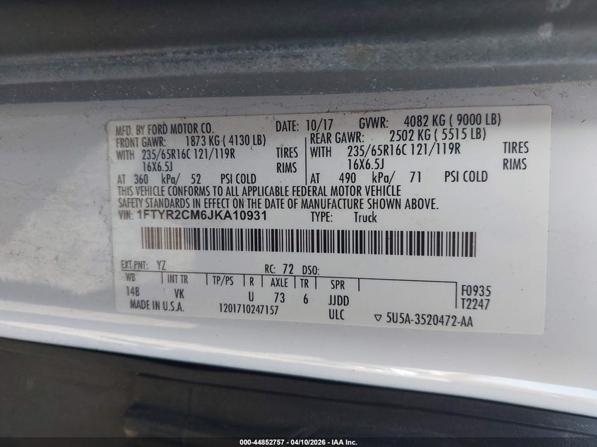 2018 Ford Transit 3.7 -250 white Lot 111044852757 Vin 1FTYR2CM6JKA10931