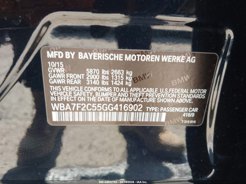 2016 BMW 7er 4.4 750I xDrive blue Lot 111044852763 Vin WBA7F2C55GG416902