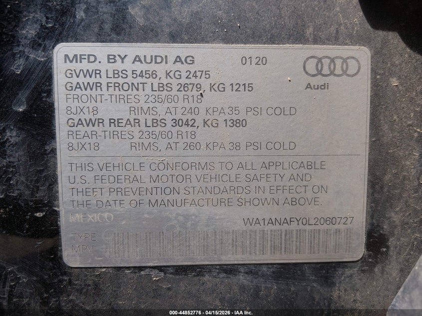 2020 Audi Q5 Premium 45 Tfsi Quattro S Tronic/Titanium Premium 45 Tfsi Quattro S Tronic VIN: WA1ANAFY0L2060727 Lot: 44852776