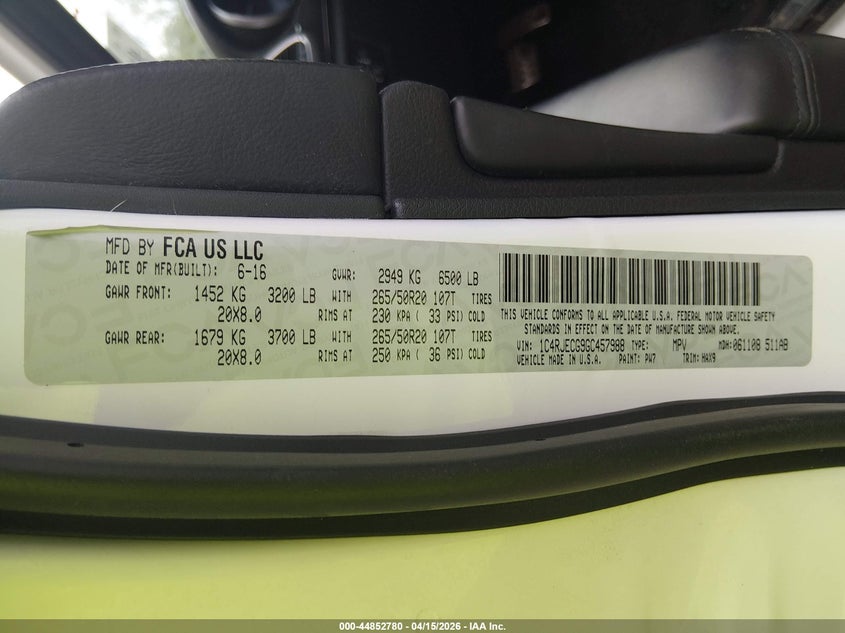 2016 Jeep Grand Cherokee High Altitude VIN: 1C4RJECG9GC457988 Lot: 44852780