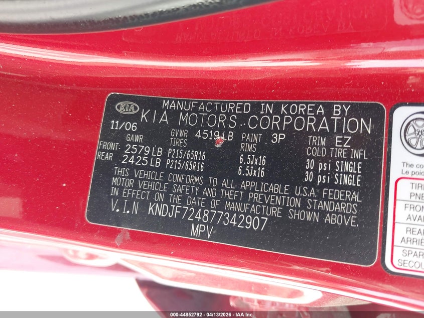 2007 Kia Sportage Lx VIN: KNDJF724877342907 Lot: 44852792