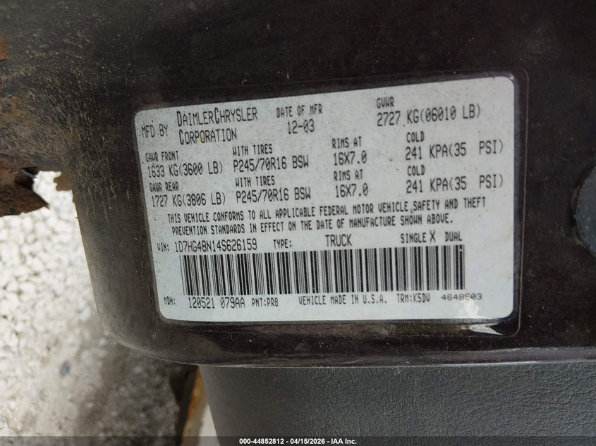 2004 Dodge Dakota Slt VIN: 1D7HG48N14S626159 Lot: 44852812