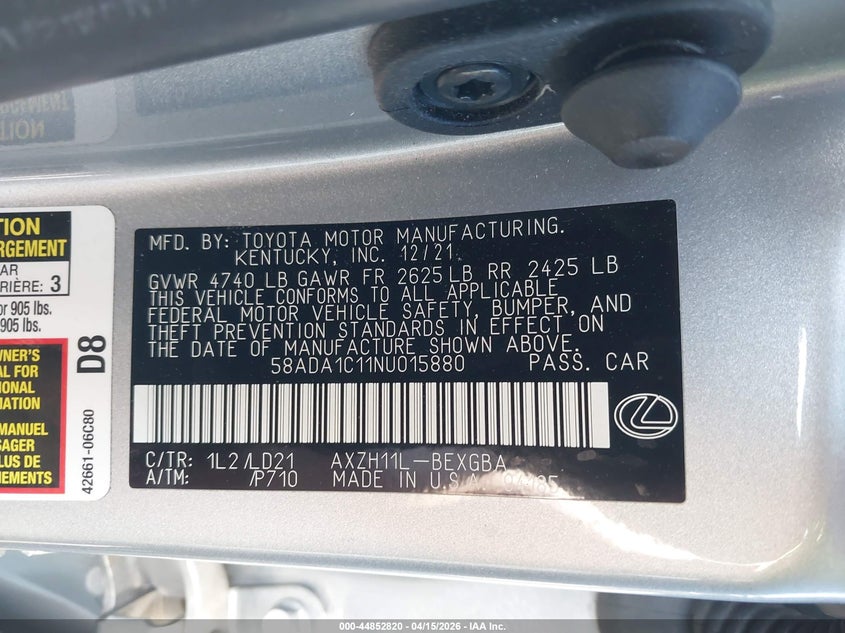 2022 Lexus Es 300H VIN: 58ADA1C11NU015880 Lot: 44852820