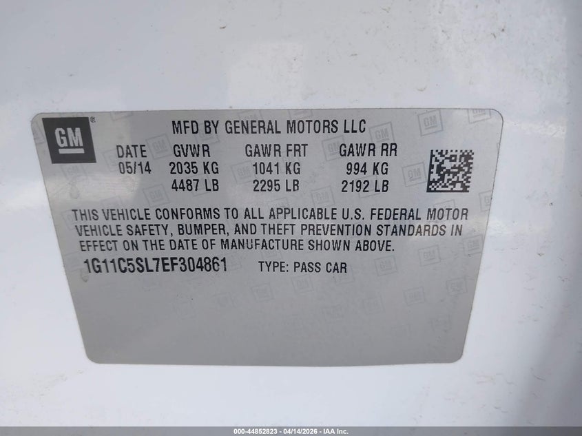 2014 Chevrolet Malibu 1Lt VIN: 1G11C5SL7EF304861 Lot: 44852823