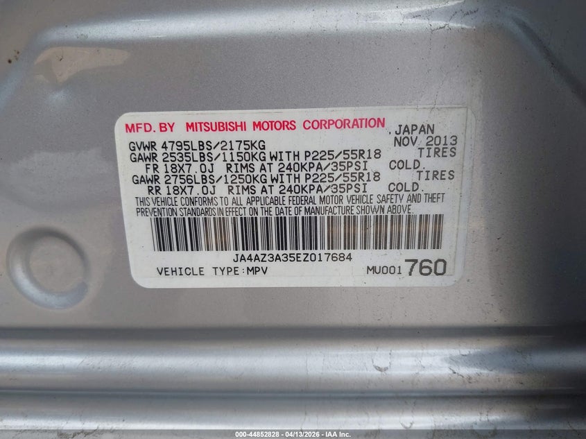 2014 Mitsubishi Outlander Se VIN: JA4AZ3A35EZ017684 Lot: 44852828