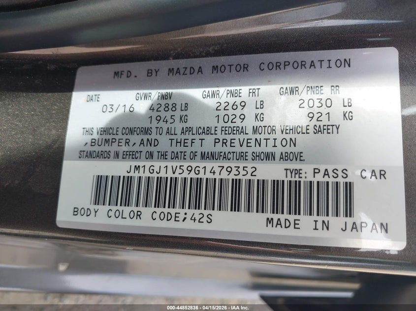 2016 Mazda Mazda6 I Touring VIN: JM1GJ1V59G1479352 Lot: 44852836