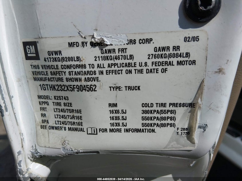 2005 GMC Sierra 2500Hd Slt VIN: 1GTHK232X5F904562 Lot: 44852839