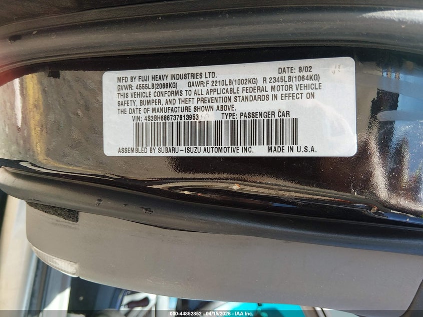 2003 Subaru Outback Limited VIN: 4S3BH686737613953 Lot: 44852852