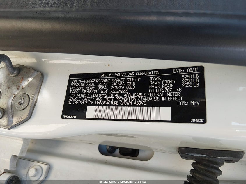 2017 Volvo Xc60 T6 Dynamic VIN: YV449MRR7H2222953 Lot: 44852856