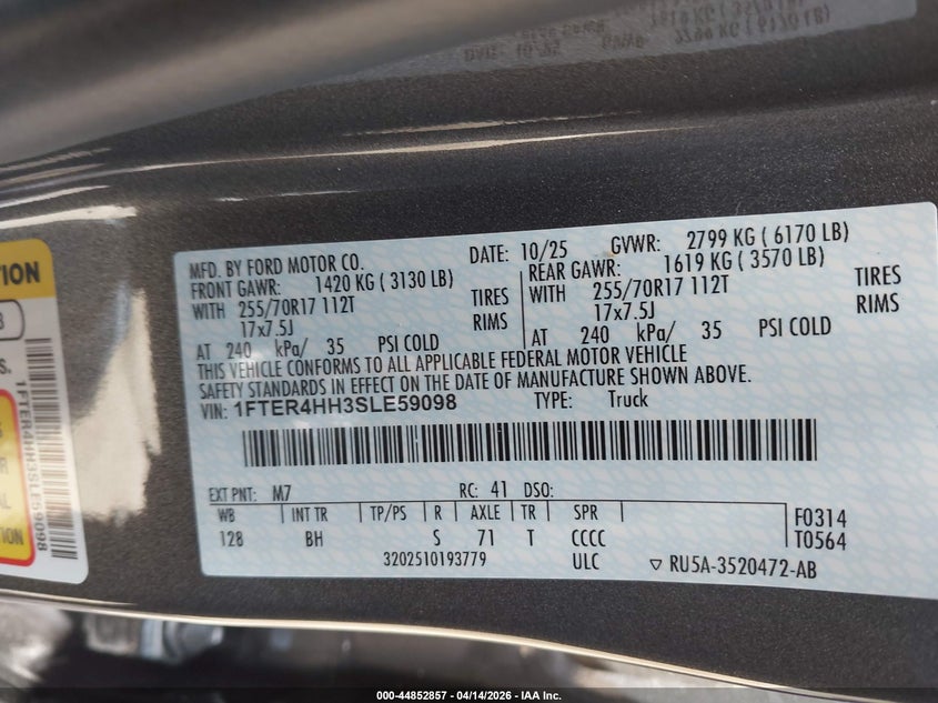 2025 Ford Ranger Xlt VIN: 1FTER4HH3SLE59098 Lot: 44852857