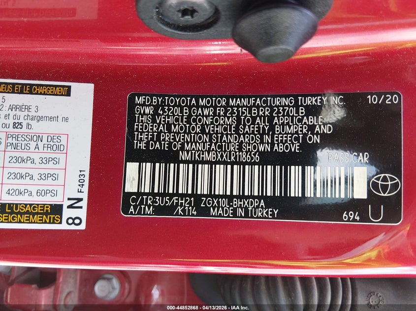 2020 Toyota C-Hr Le VIN: NMTKHMBXXLR118656 Lot: 44852868