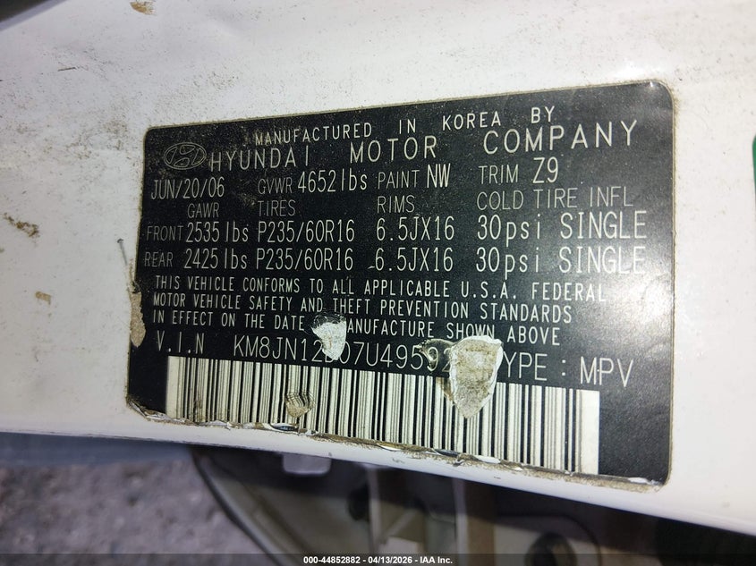 2007 Hyundai Tucson Limited/Se VIN: KM8JN12D07U495925 Lot: 44852882