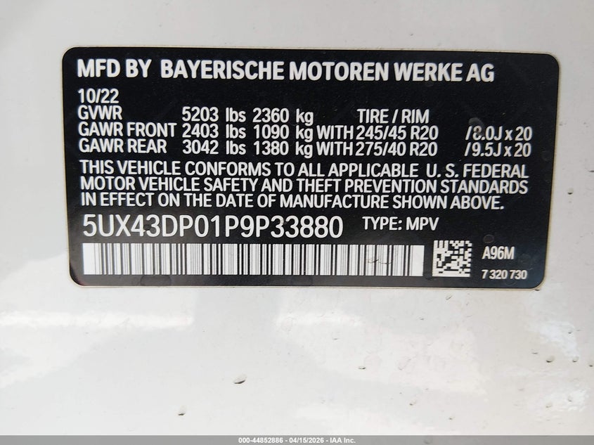 2023 BMW X3 Sdrive30I VIN: 5UX43DP01P9P33880 Lot: 44852886