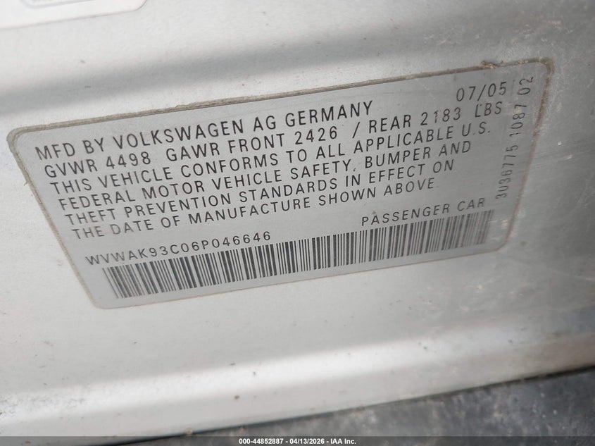 2006 Volkswagen Passat 2.0T VIN: WVWAK93C06P046646 Lot: 44852887