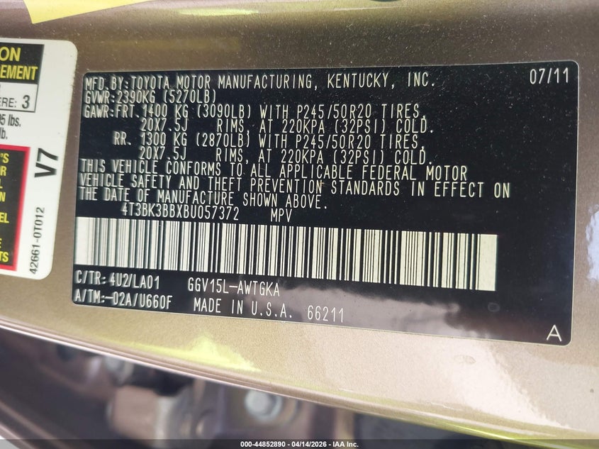 2011 Toyota Venza Base V6 VIN: 4T3BK3BBXBU057372 Lot: 44852890