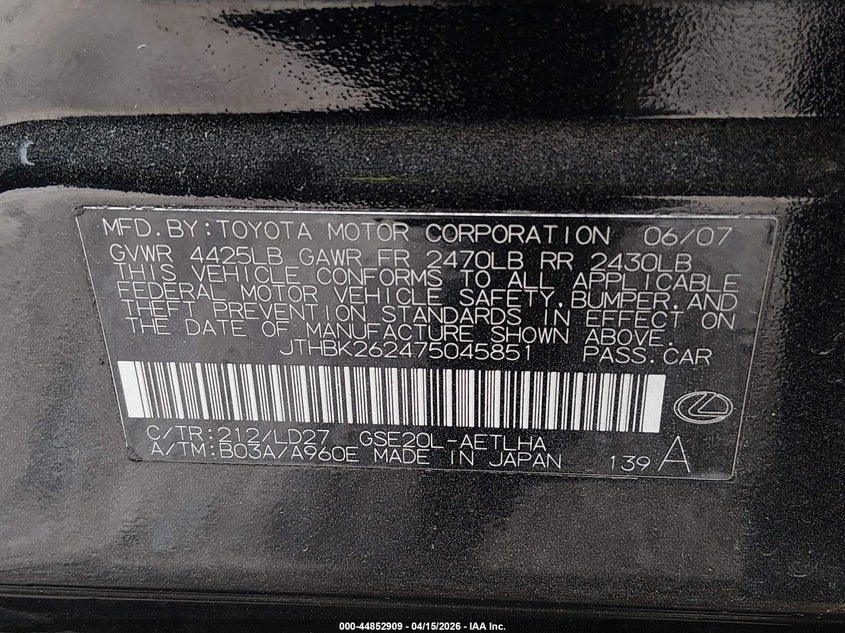 2007 Lexus Is 250 VIN: JTHBK262475045851 Lot: 44852909
