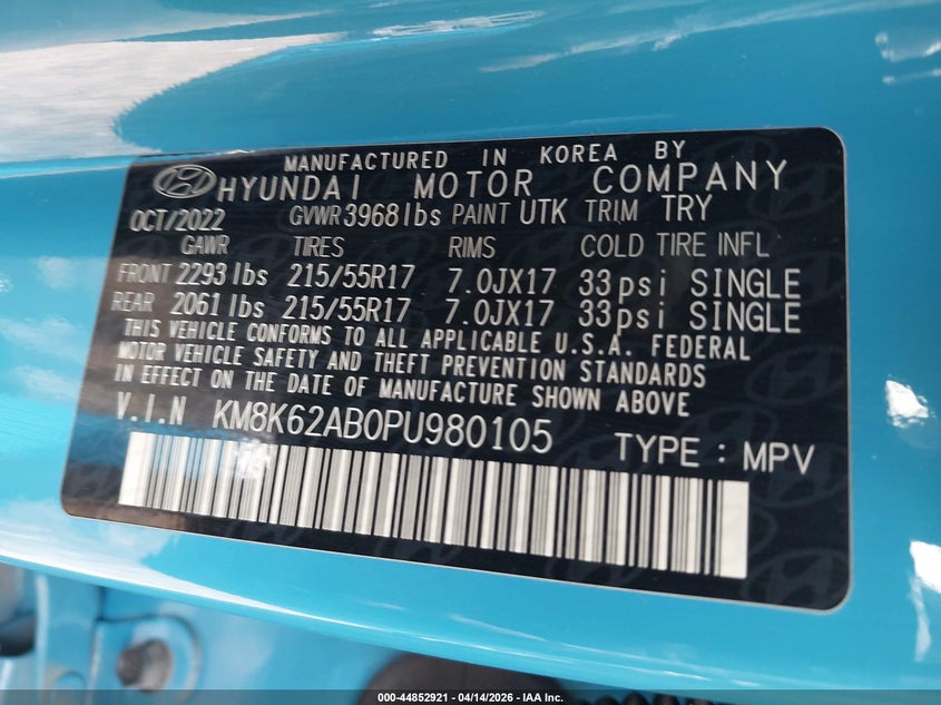 2023 Hyundai Kona Sel VIN: KM8K62AB0PU980105 Lot: 44852921