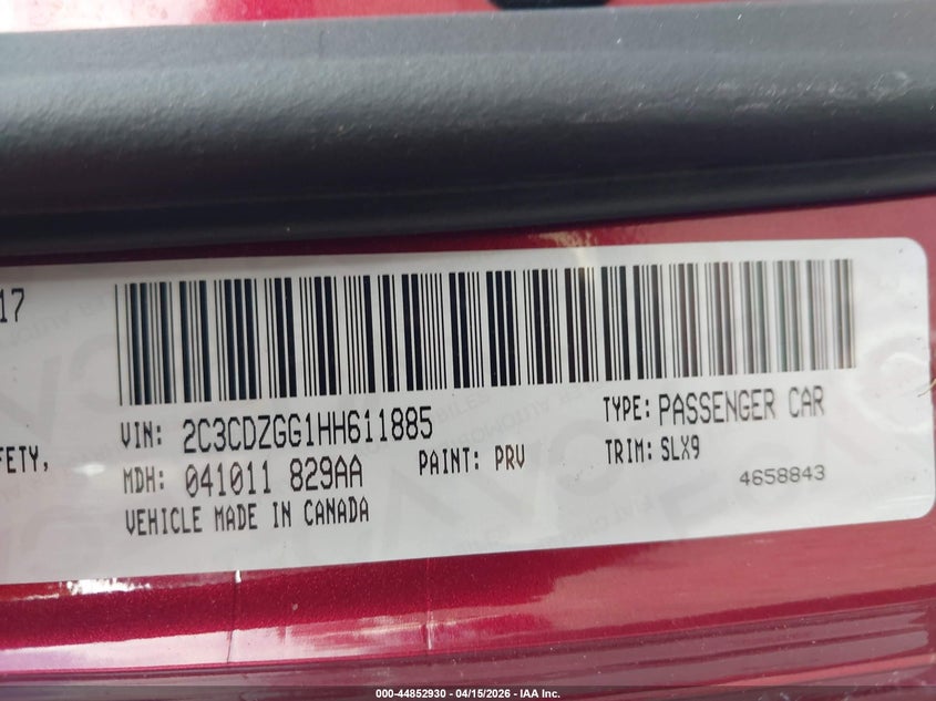 2017 Dodge Challenger Gt VIN: 2C3CDZGG1HH611885 Lot: 44852930