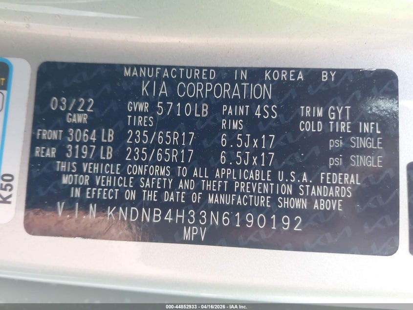2022 Kia Carnival Mpv Lx Seat Package VIN: KNDNB4H33N6190192 Lot: 44852933