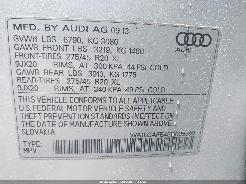 2014 Audi Q7 3.0T Premium VIN: WA1LGAFE4ED005990 Lot: 44852943