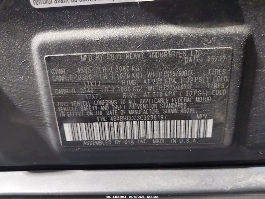 2012 Subaru Outback 2.5I Premium VIN: 4S4BRCCC3C3296197 Lot: 44852944