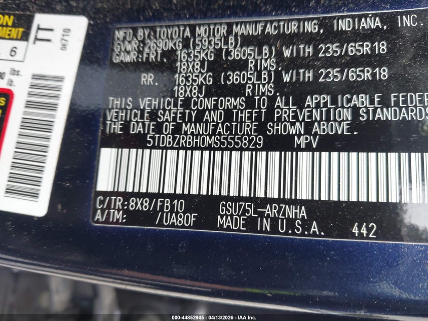 2021 Toyota Highlander Le VIN: 5TDBZRBH0MS555829 Lot: 44852945