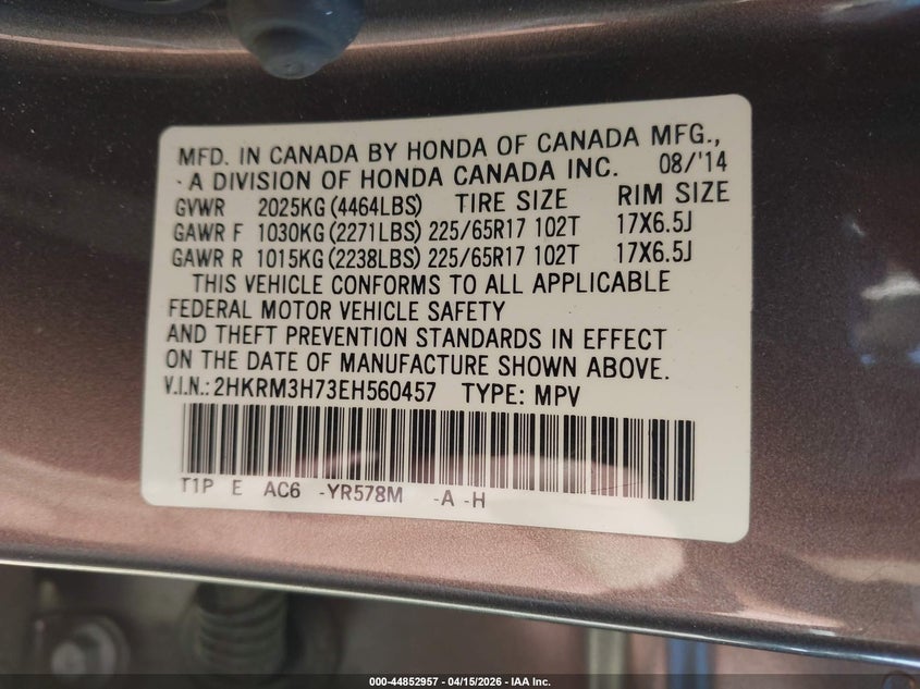 2014 Honda Cr-V Ex-L VIN: 2HKRM3H73EH560457 Lot: 44852957