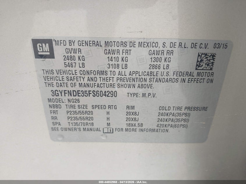 2015 Cadillac Srx Premium Collection VIN: 3GYFNDE35FS604290 Lot: 44852968