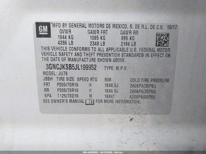 2018 Chevrolet Trax Ls VIN: 3GNCJKSB5JL199952 Lot: 44852982