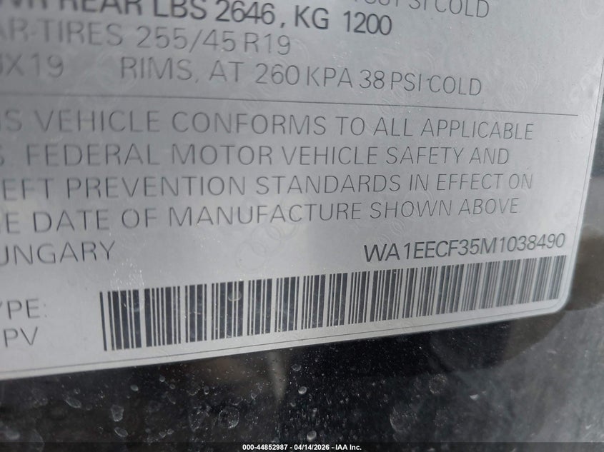 2021 Audi Q3 Premium Plus 45 Tfsi S Line Quattro Tiptronic VIN: WA1EECF35M1038490 Lot: 44852987