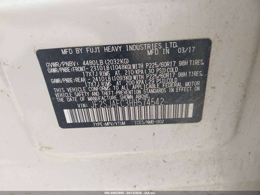 2017 Subaru Forester 2.5I Premium VIN: JF2SJAEC3HH574542 Lot: 44852995