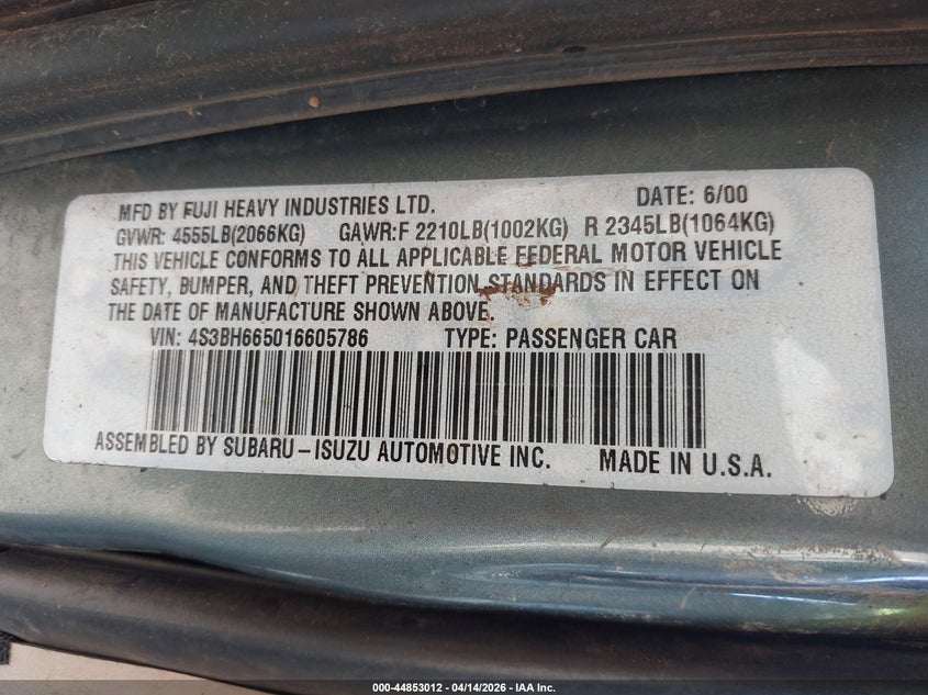 2001 Subaru Outback VIN: 4S3BH665016605786 Lot: 44853012