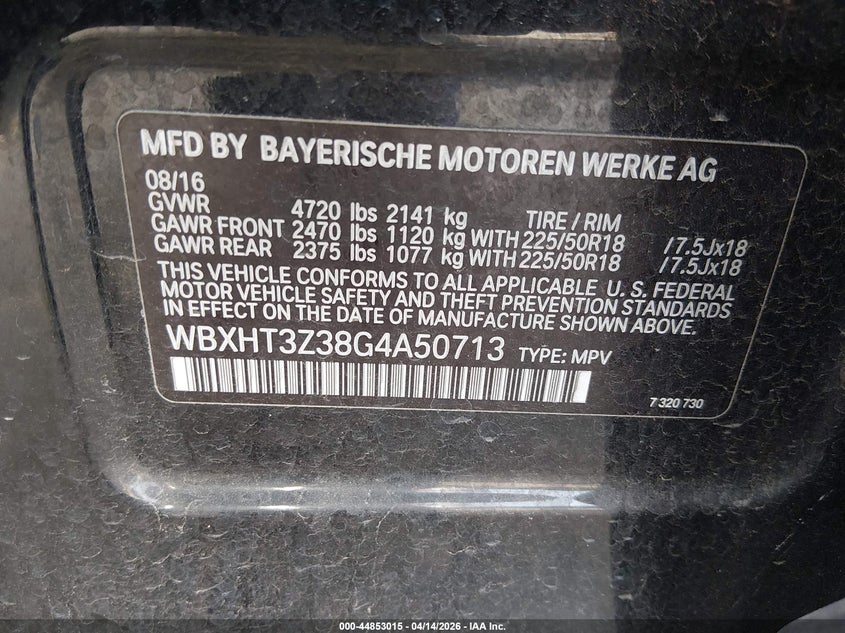 2016 BMW X1 xDrive28I VIN: WBXHT3Z38G4A50713 Lot: 44853015